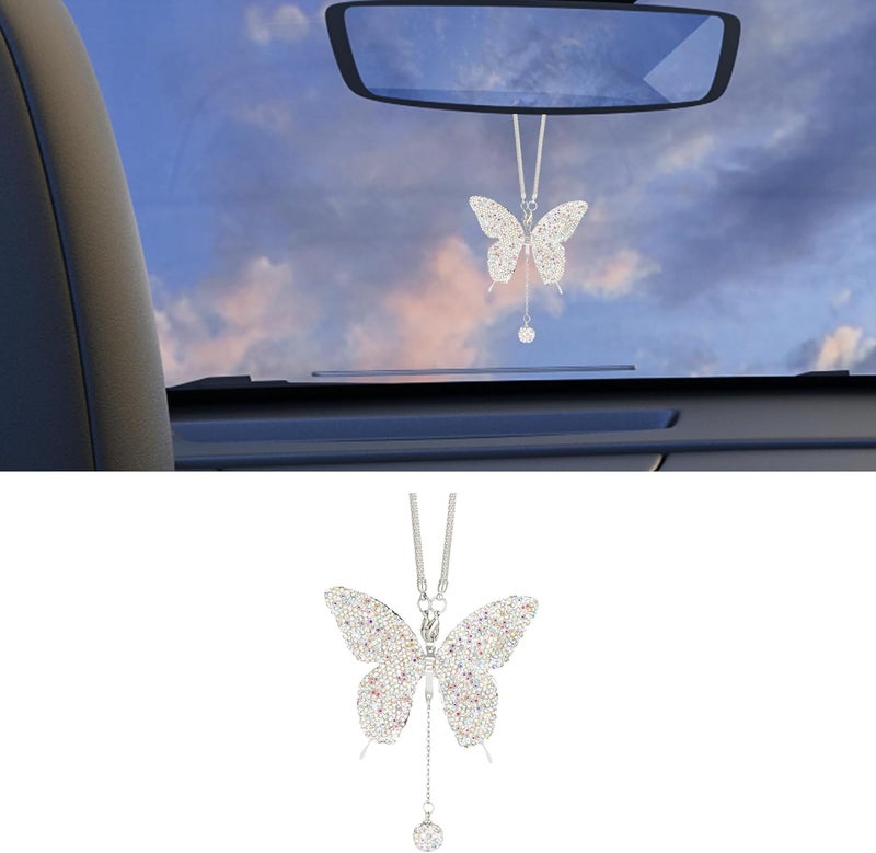 Couslcd Bling Butterfly Diamond Car Accessories, Crystal Car Rear View Mirror Charms for Women, Auto Decoration Lucky Hanging Interior Crystal Ornament Pendant Decor for All Cars (AB) - Image 1